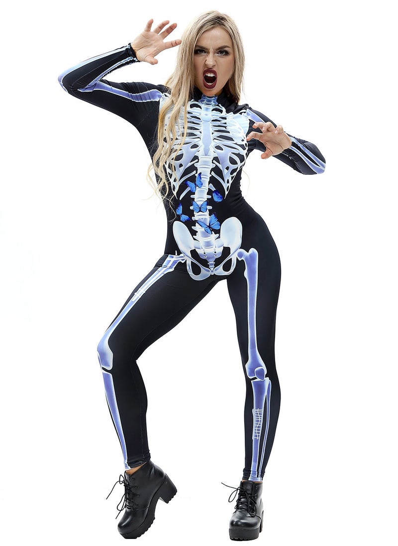 URVIP Women Halloween Skeleton Costume Stretch Skinny Catsuit Jumpsuit Bodysuit Color-BAX-012 M - Image 2